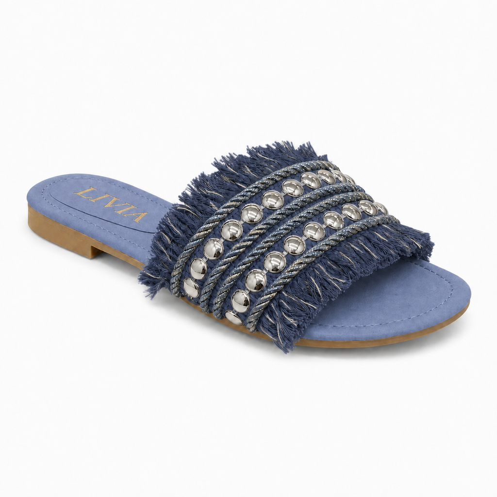 LIVIA Fringe Slide – Denim