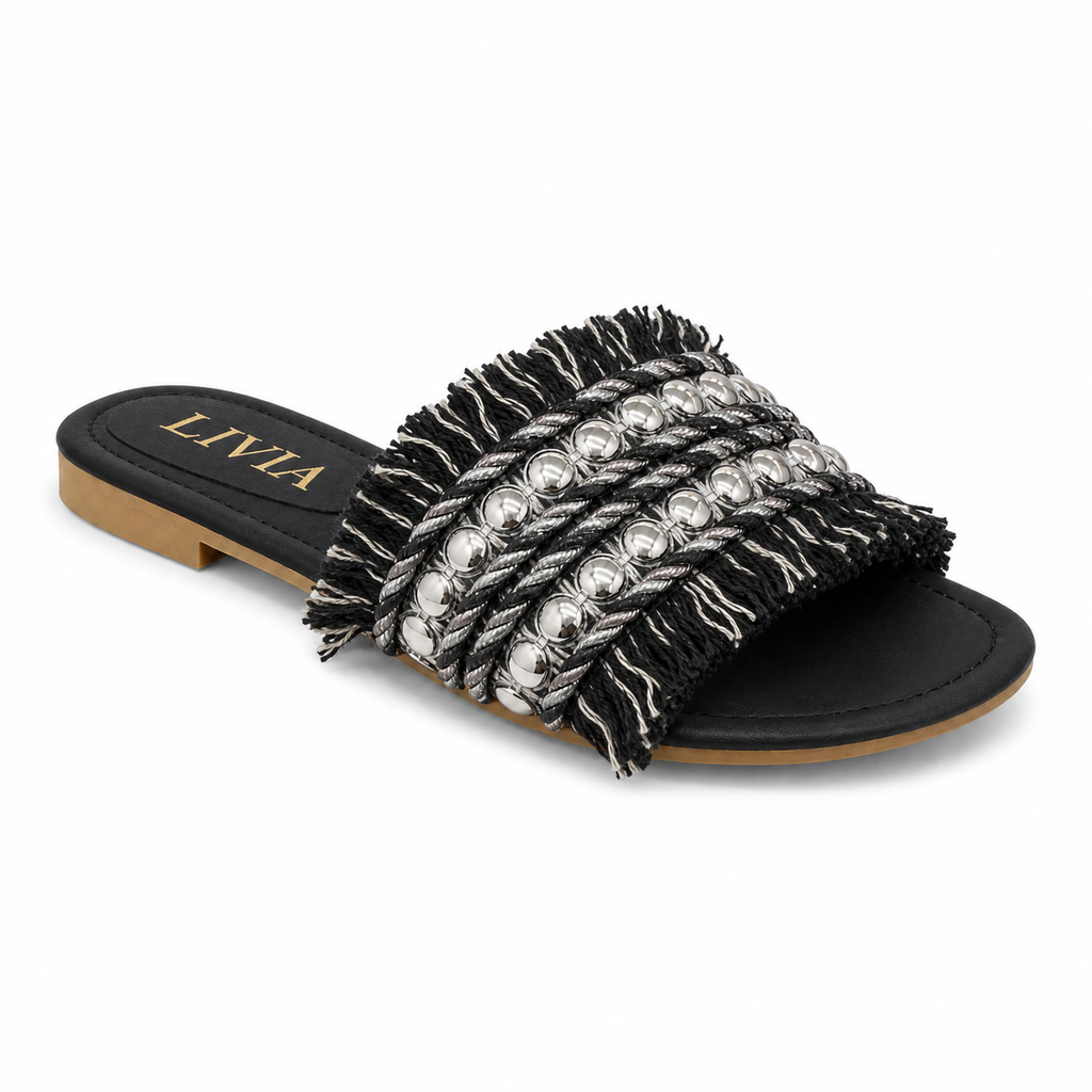 LIVIA Fringe Slide – Black