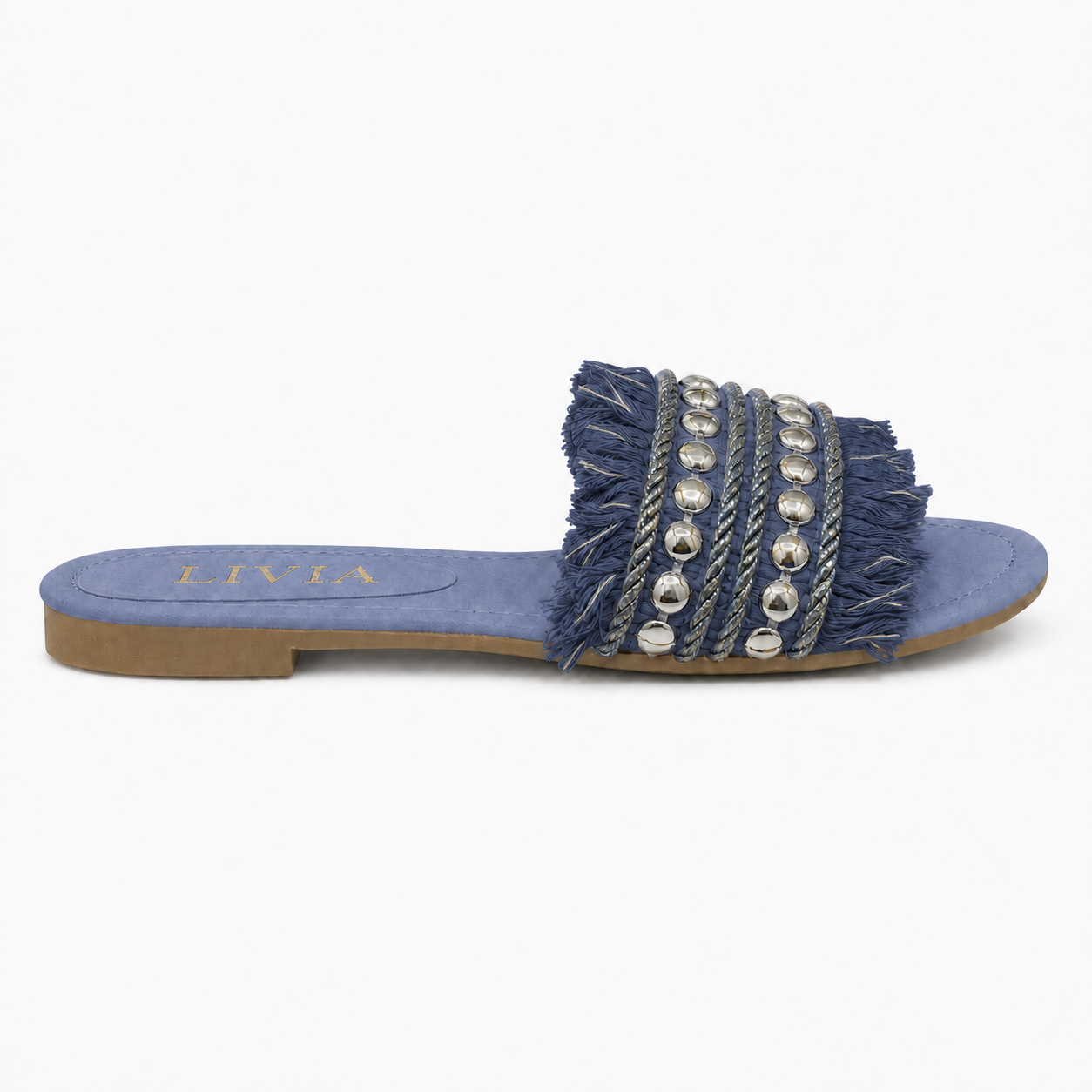 LIVIA Fringe Slide – Denim