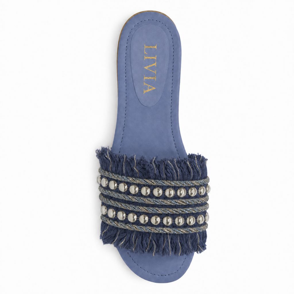 LIVIA Fringe Slide – Denim